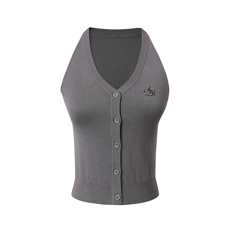 Sleeveless Ribbed Cardigan - V-neck Button-up Knit Tank Top
