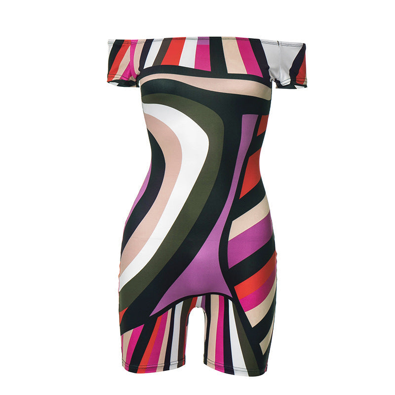 Clothing Summer Color Printed Short Sleeve Off Shoulder Slim Fit Romper