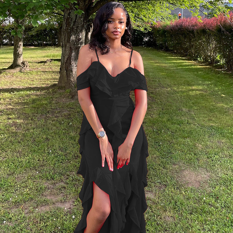 Clothing Color Dress Spaghetti Straps Sleeveless Ruffled Irregular Asymmetric Maxi Dress