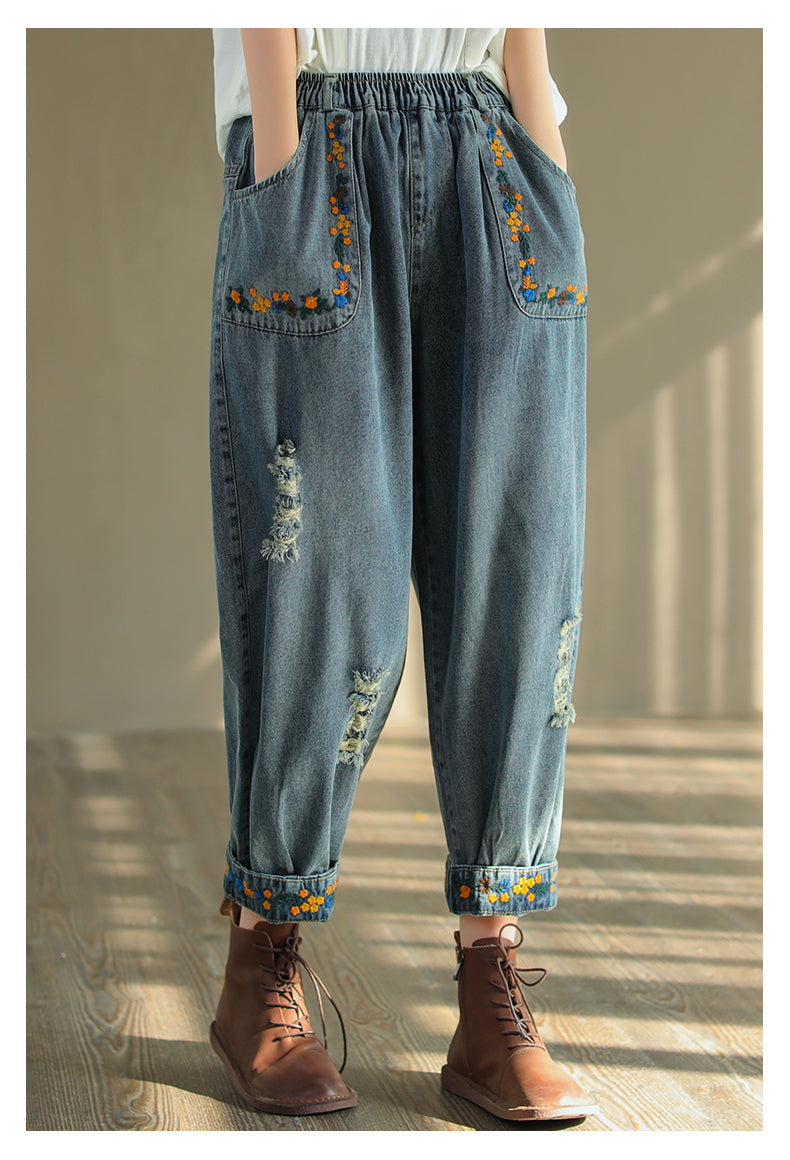 Ripped Embroidered Denim Harem Pants Op1025