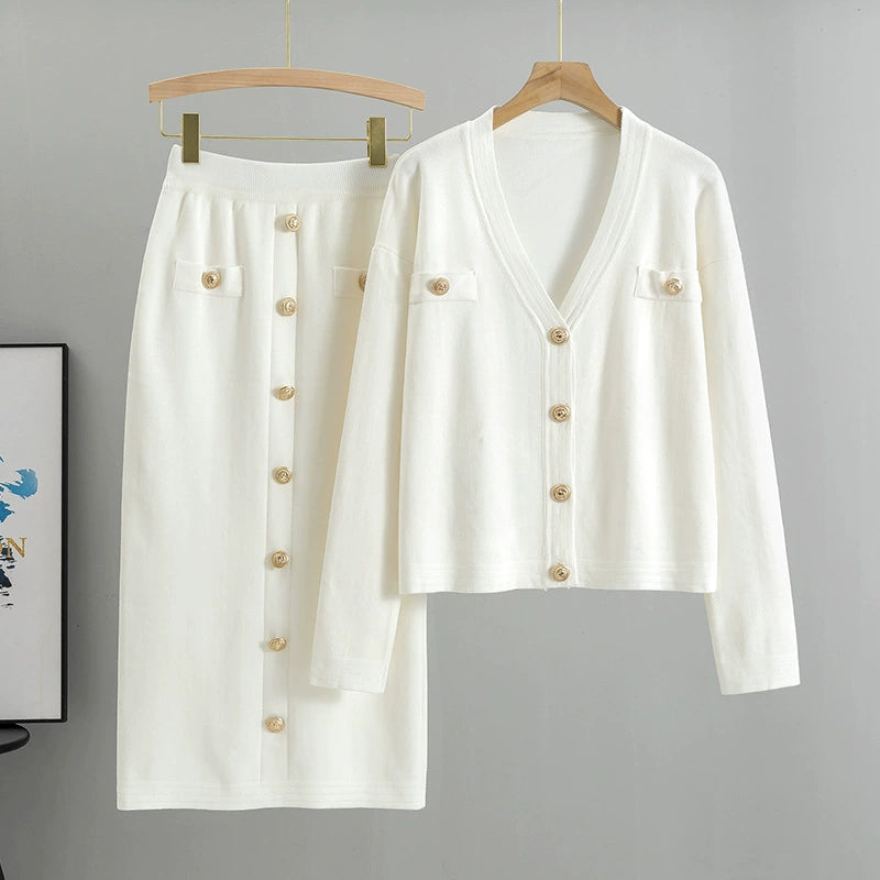 White - Chanel-inspired Cardigan Sweater Two Piece Set