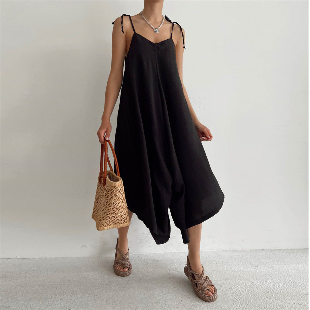 Summer Color Overalls Loose Fitting Wide Leg Trousers Sling Backless Sleeveless Jumpsuit