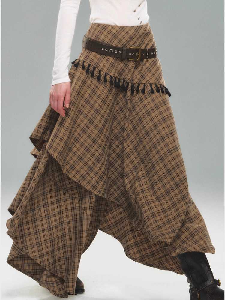 Tassel Plaid Asymmetric Skirt