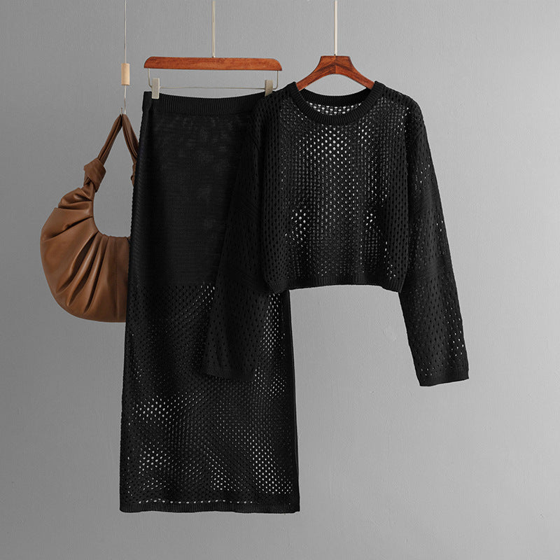 Summer Hollow Out Cutout Sweater Long Skirt Two Piece Set