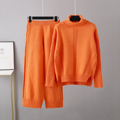 Turtleneck Pullover Thickened Knitting Sweater Set Autumn Winter Loose Idle Wide Leg Pants Two Piece Set