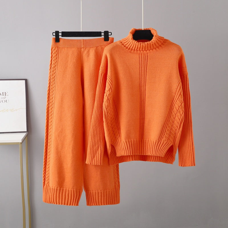 Turtleneck Pullover Thickened Knitting Sweater Set Autumn Winter Loose Idle Wide Leg Pants Two Piece Set
