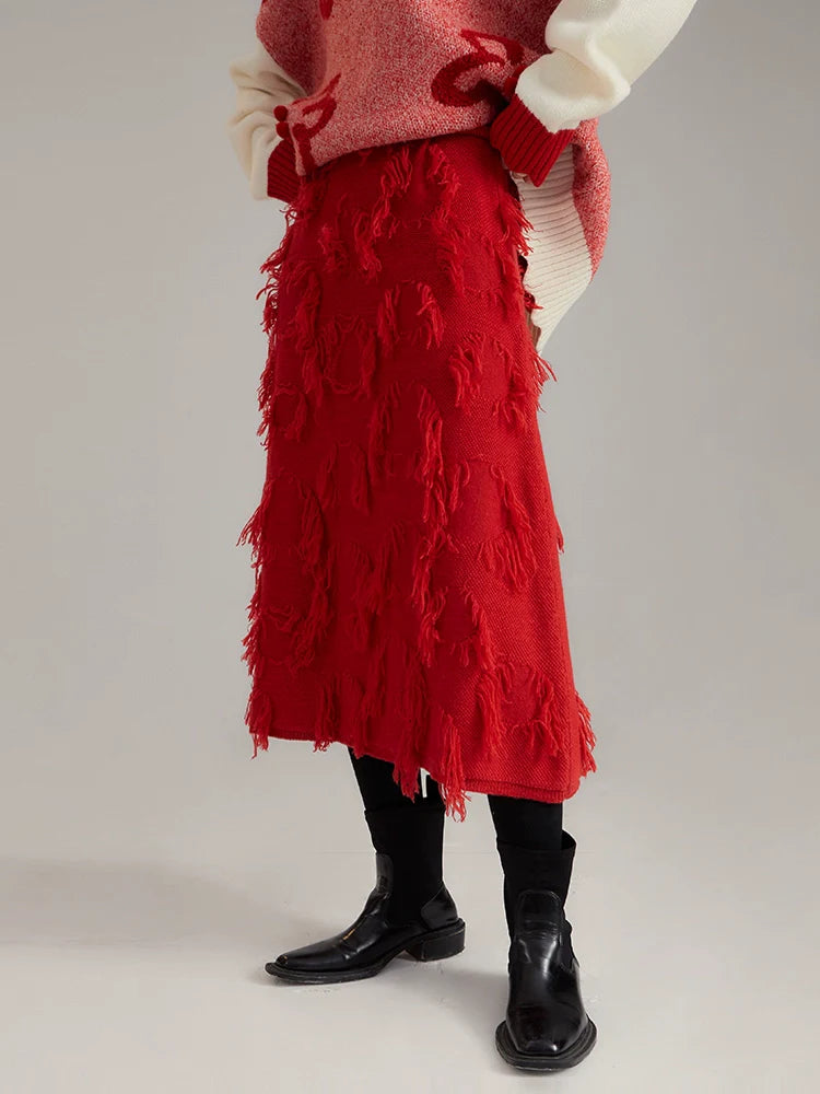 Red Distressed Midi Skirt With Frayed Texture