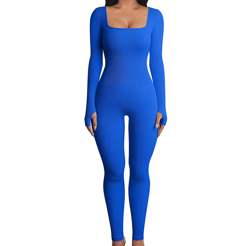 Clothing Jumpsuit Autumn Winter Thread Square Collar Hip Raise Slim Fit Jumpsuit