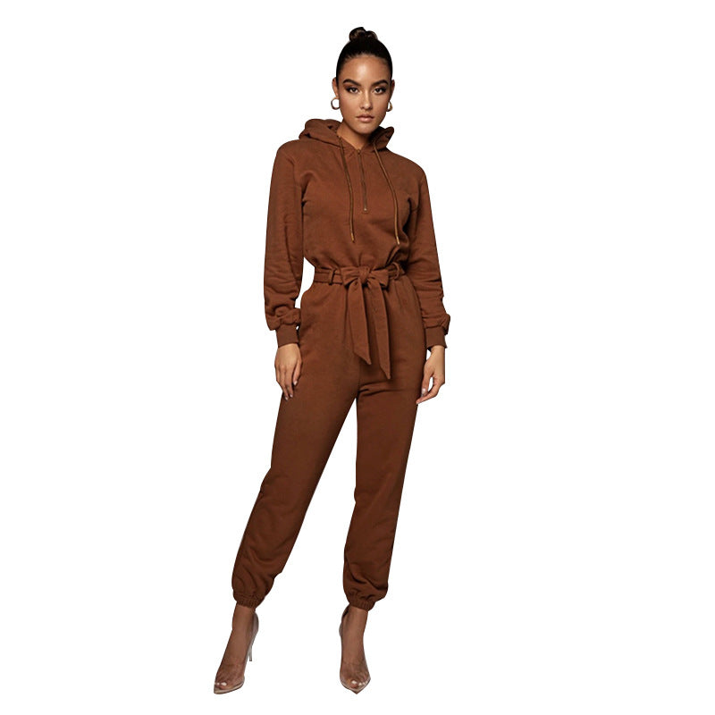 Autumn Winter Slim Fit Long Sleeve Color Hooded Half Open Collar Urban Jumpsuit