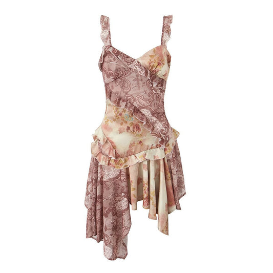 Print Asymmetrical Hem Mini Dress Spaghetti Strap Bodycon