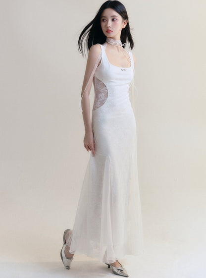 White Sleeveless Maxi Dress - Fitted Bodice With Flared Hem