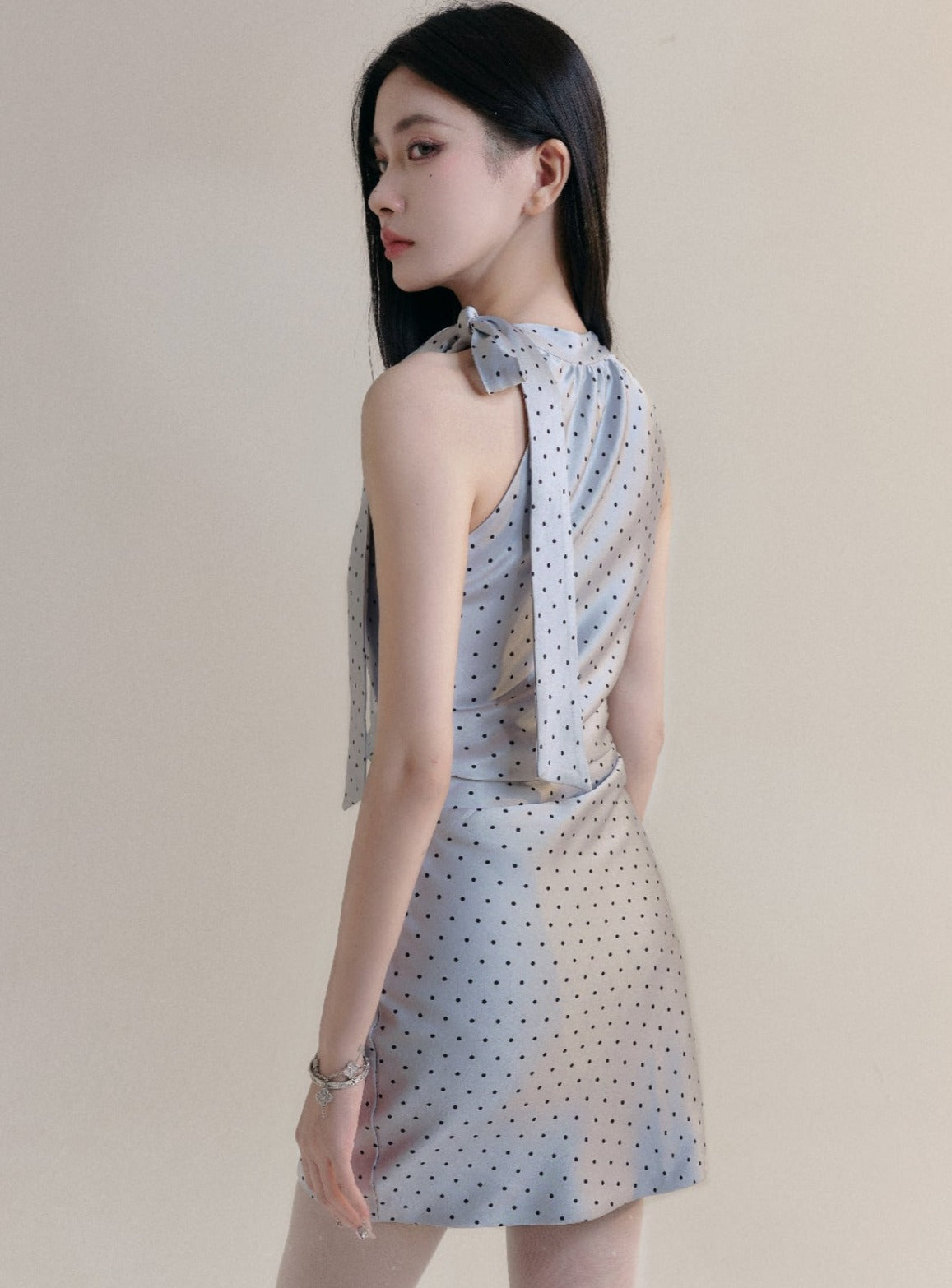 Polka Dot Halter Neck Mini Dress in Light Blue