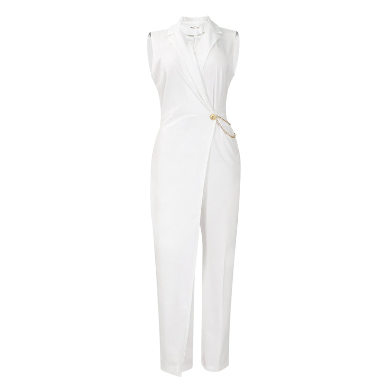 Clothing Suit Collar Tight Waist Chain Loose Wide Leg Jumpsuit