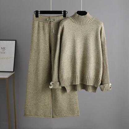 Autumn Winter Knitting Suit Semi-high Collar Sweater Thickened Outer Wear Loose Two Piece Set