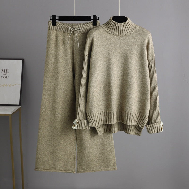 Autumn Winter Knitting Suit Semi-high Collar Sweater Thickened Outer Wear Loose Two Piece Set