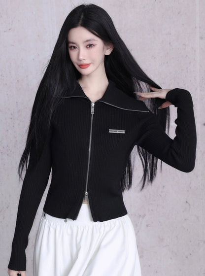 Ribbed Zip-front Cropped Cardigan - Fitted Long Sleeve Knit Top