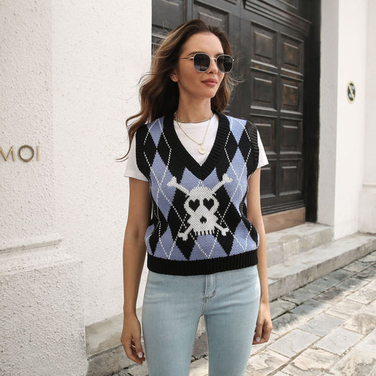 Skull Jacquard Rhombus Vest Sweater Vest Autumn Winter Knitwear Halloween