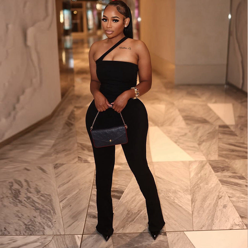 Clothing Micro Elastic Backless Color Long Conjoined Trousers Sleeveless Oblique Shoulder Strap Thin Jumpsuit