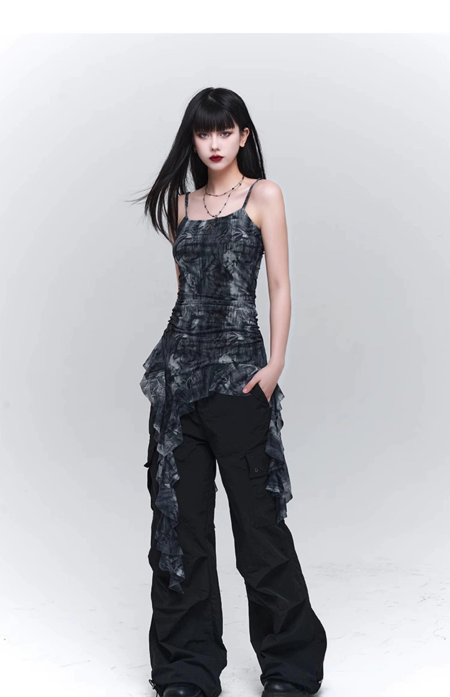 Ladyghost Grunge Fairy Asymmetrical Cami Dress - Tie-dye Ruched Mini Dress With Ruffle Hem