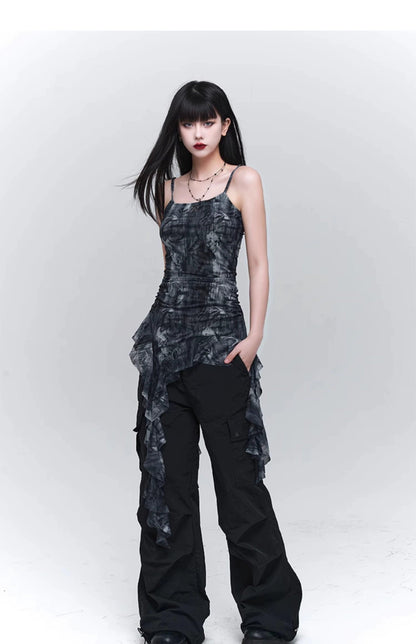 Ladyghost Grunge Fairy Asymmetrical Cami Dress - Tie-dye Ruched Mini Dress With Ruffle Hem