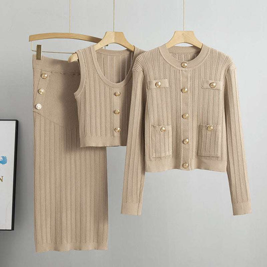 Khaki – Cardigan Sweater Vest Three Piece Set