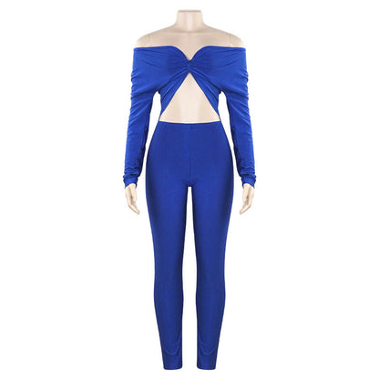 Autumn Color V Neck Twist Hollow Out Cutout Cropped High Waist Long Sleeve Jumpsuit