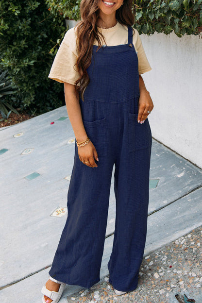 Summer Color Pocket Square Collar Loose Overalls