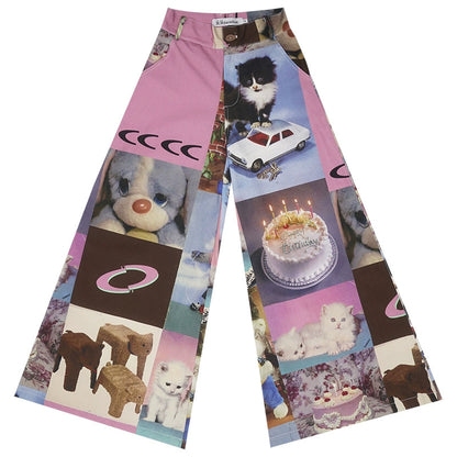 Cat Print Cake Birthday Wide-leg Pants