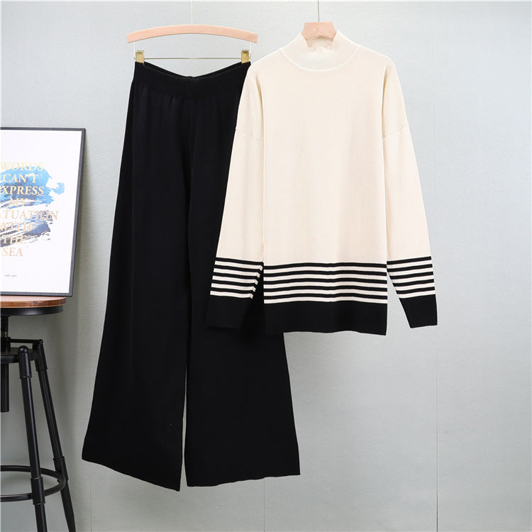 Black - Striped Half-turtleneck Sweater Two Piece Set
