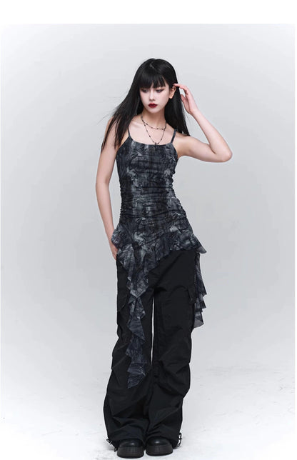 Ladyghost Grunge Fairy Asymmetrical Cami Dress - Tie-dye Ruched Mini Dress With Ruffle Hem
