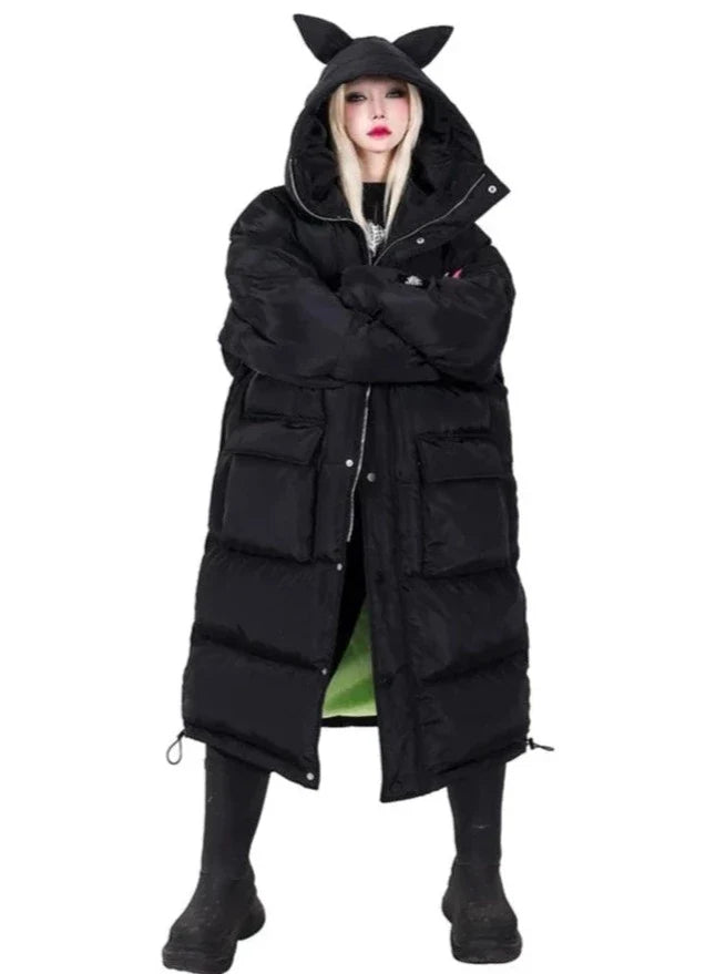 Pinkspink Cat Ear Hooded Puffer Coat - Jet Black
