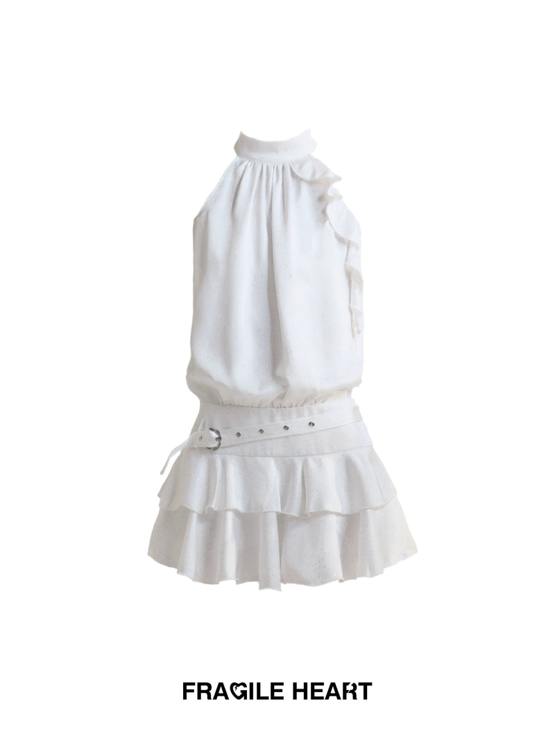Fragile Heart White Halter Neck Ruffle Mini Dress With Belted Waist