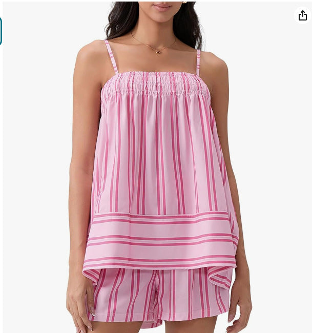 Spring Summer Striped Print Fresh Suspenders Smocking Shorts Set