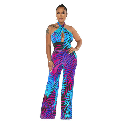 Clothing Sleeveless Backless Lace Up Printed Jumpsuit
