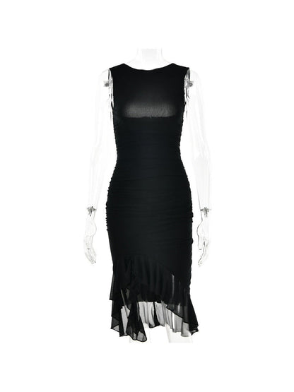 Round Neck Sleeveless Backless Pleated Midi Dress