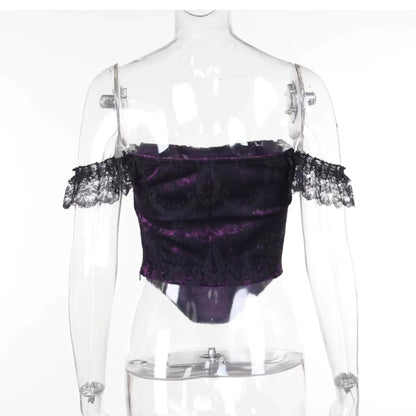 Wannathis Gothic Velvet Ensemble - Off-shoulder Lace Bodysuit With Mermaid Maxi Skirt