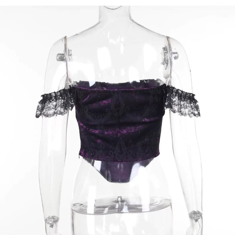 Wannathis Gothic Velvet Ensemble - Off-shoulder Lace Bodysuit With Mermaid Maxi Skirt
