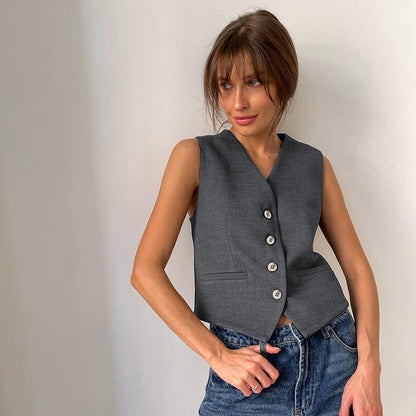 Summer Neutral Minimalist Gray Sleeveless Waistcoat Vest All Matching Clothing Two Piece Set