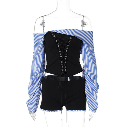 Off Neck Striped Shirt Irregular Asymmetric With Personality Stitching Corns Tied Top Shorts Two Piece Set