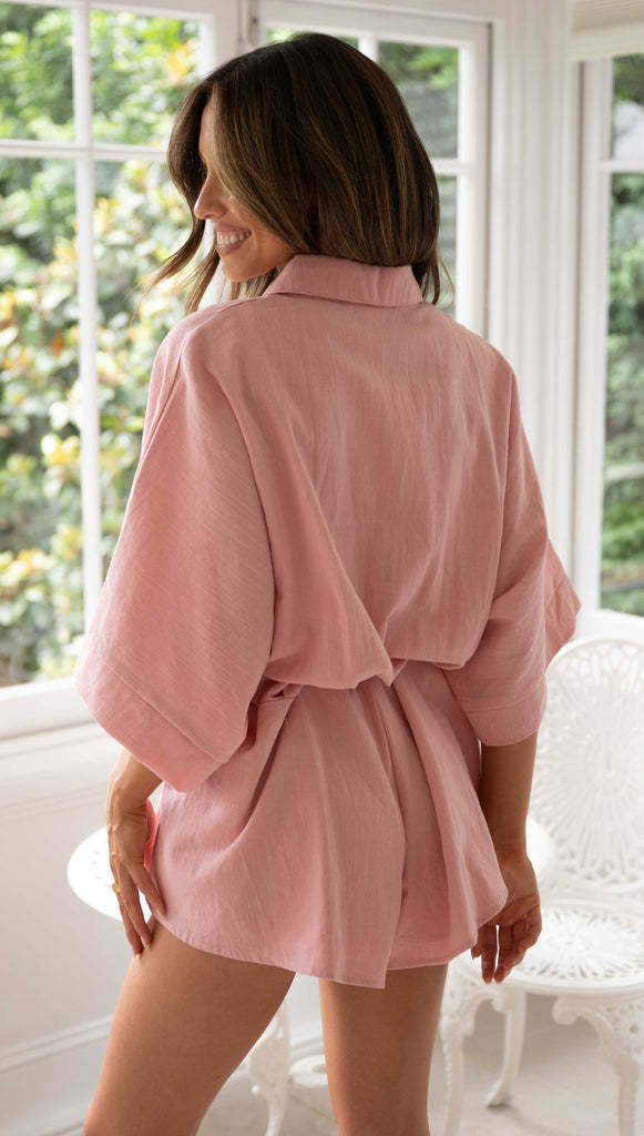 Clothing Polo Collar Mid Sleeve Waist Lace Up Loose Romper
