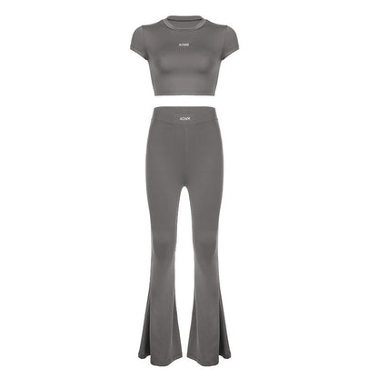 Sports Basic Pullover Cropped Short Sleeve Top High Waist Flared Pants Yoga Two Piece Set