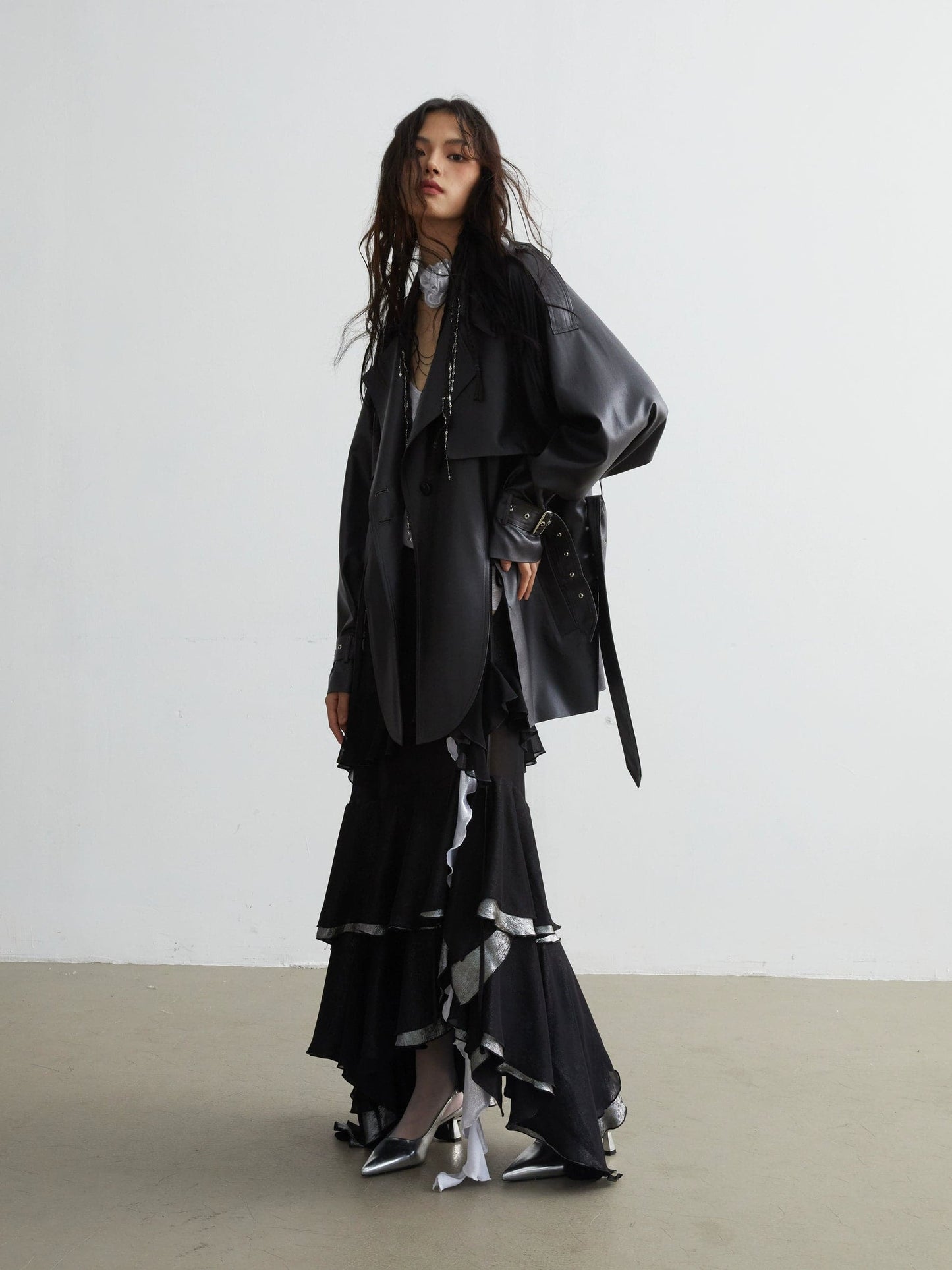 Matte Leather Short Coat With Slit Design