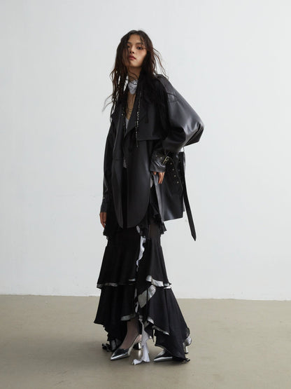 Matte Leather Short Coat With Slit Design