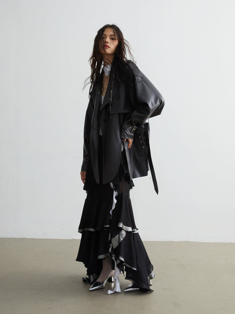 Matte Leather Short Coat With Slit Design