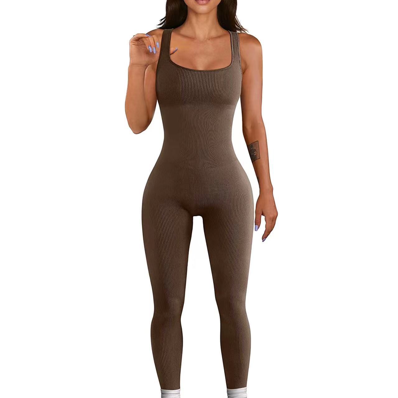 Summer Yoga Jumpsuit Ribbed Square Collar Sleeveless Sports Jumpsuit Trousers