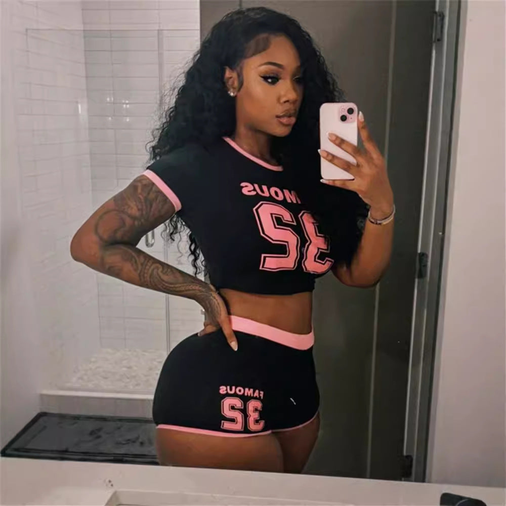 Summer Popular Sports Elastic Letter Graphic Printed Street T Shirt Shorts Set