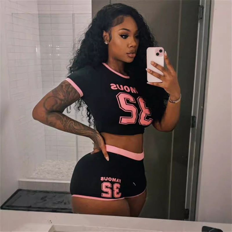 Summer Popular Sports Elastic Letter Graphic Printed Street T Shirt Shorts Set