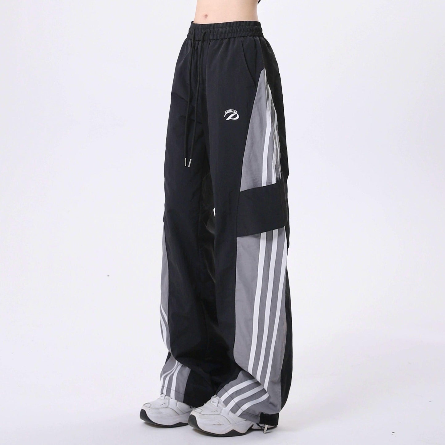 Rayohopp Color-block Wide-leg Track Pants - Drawstring Waist Athletic Trousers With Striped Panels