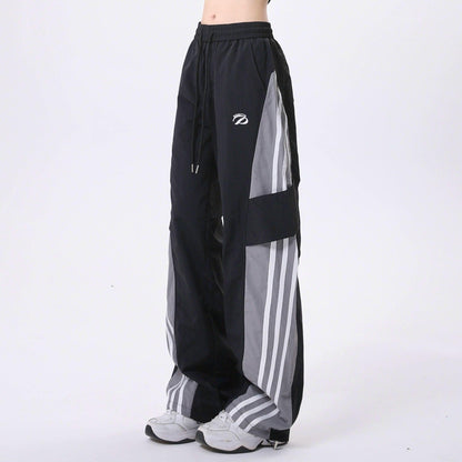 Rayohopp Color-block Wide-leg Track Pants - Drawstring Waist Athletic Trousers With Striped Panels