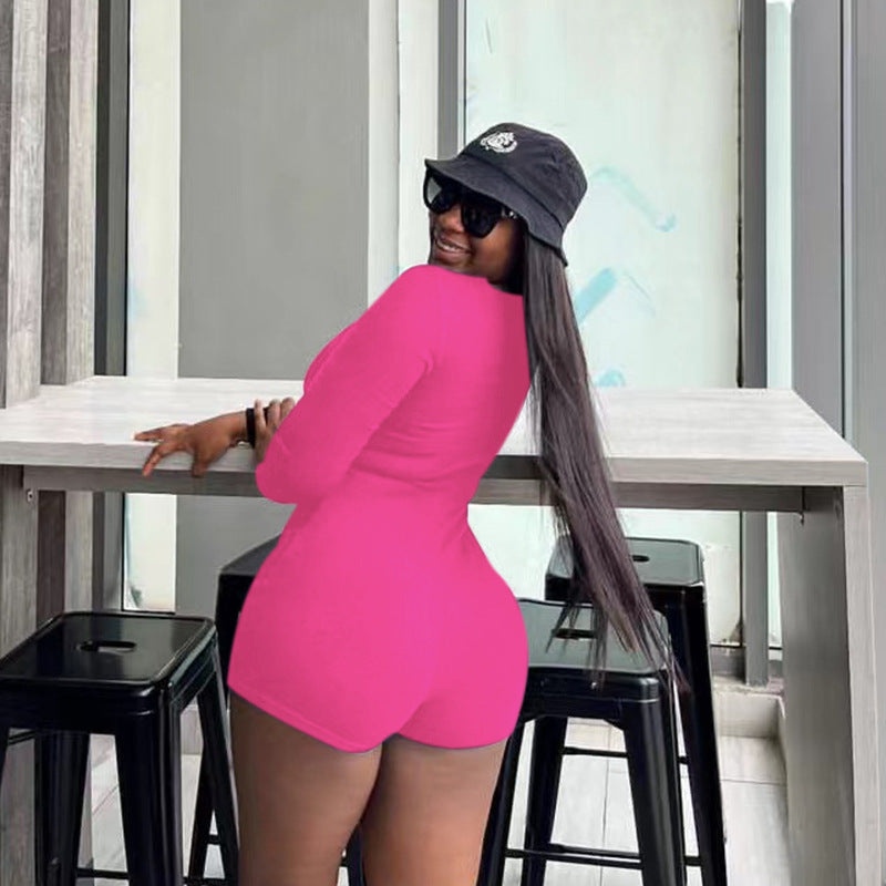 Jumpsuit Color Basic Hollow Out Cutout Slim Long Sleeve Jumpsuit